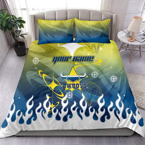 Personalized North Queensland Cowboys Bedding Set Y2K Grunge Aesthetic With Cyber Flames and Starburst Graphics