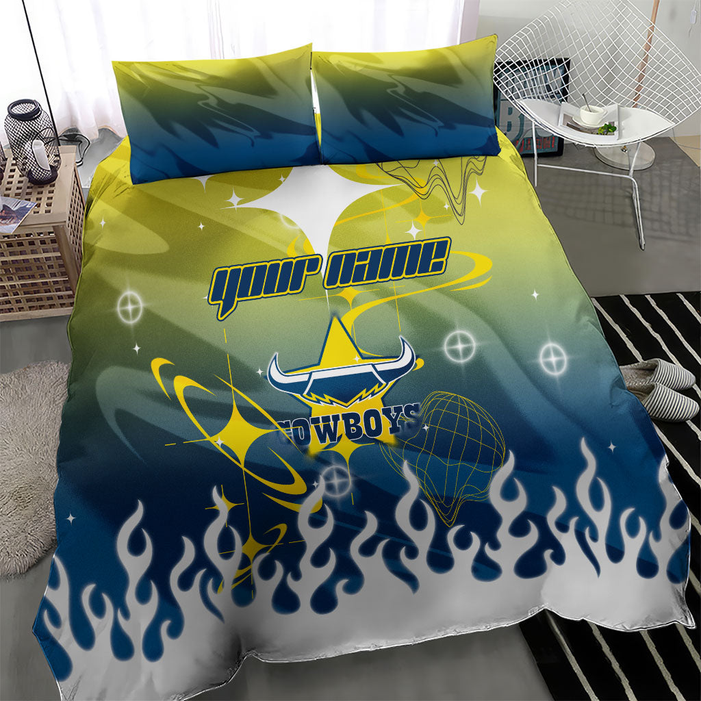 Personalized North Queensland Cowboys Bedding Set Y2K Grunge Aesthetic With Cyber Flames and Starburst Graphics