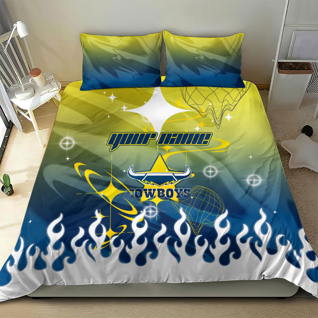 Personalized North Queensland Cowboys Bedding Set Y2K Grunge Aesthetic With Cyber Flames and Starburst Graphics