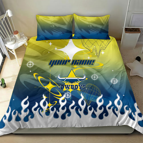 Personalized North Queensland Cowboys Bedding Set Y2K Grunge Aesthetic With Cyber Flames and Starburst Graphics