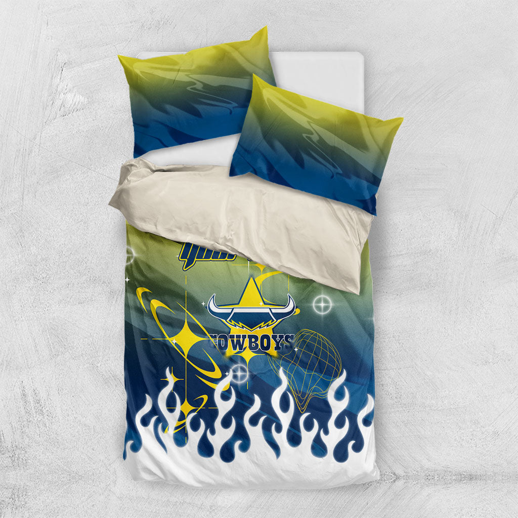 Personalized North Queensland Cowboys Bedding Set Y2K Grunge Aesthetic With Cyber Flames and Starburst Graphics