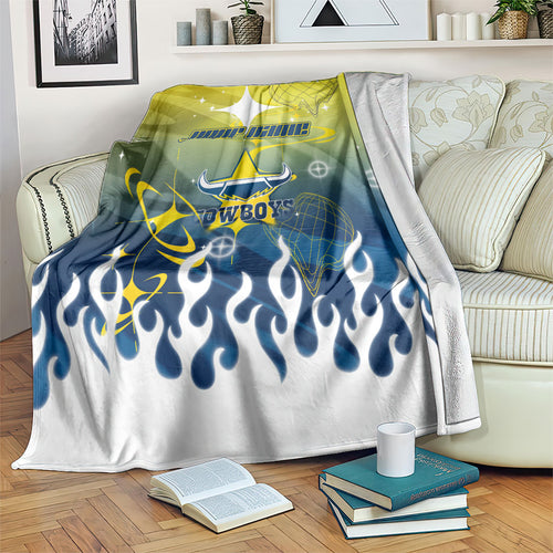 Personalized North Queensland Cowboys Blanket Y2K Grunge Aesthetic With Cyber Flames and Starburst Graphics