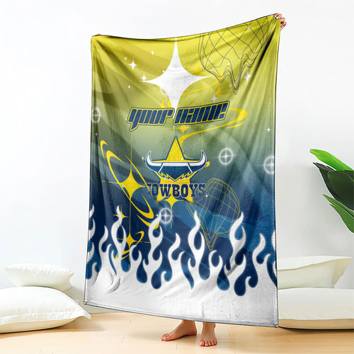 Personalized North Queensland Cowboys Blanket Y2K Grunge Aesthetic With Cyber Flames and Starburst Graphics