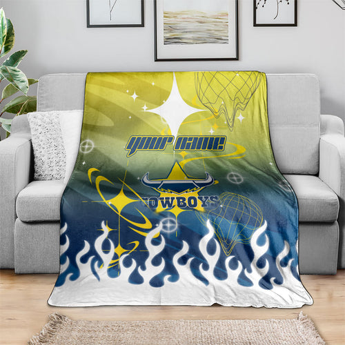 Personalized North Queensland Cowboys Blanket Y2K Grunge Aesthetic With Cyber Flames and Starburst Graphics