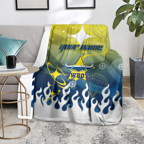 Personalized North Queensland Cowboys Blanket Y2K Grunge Aesthetic With Cyber Flames and Starburst Graphics