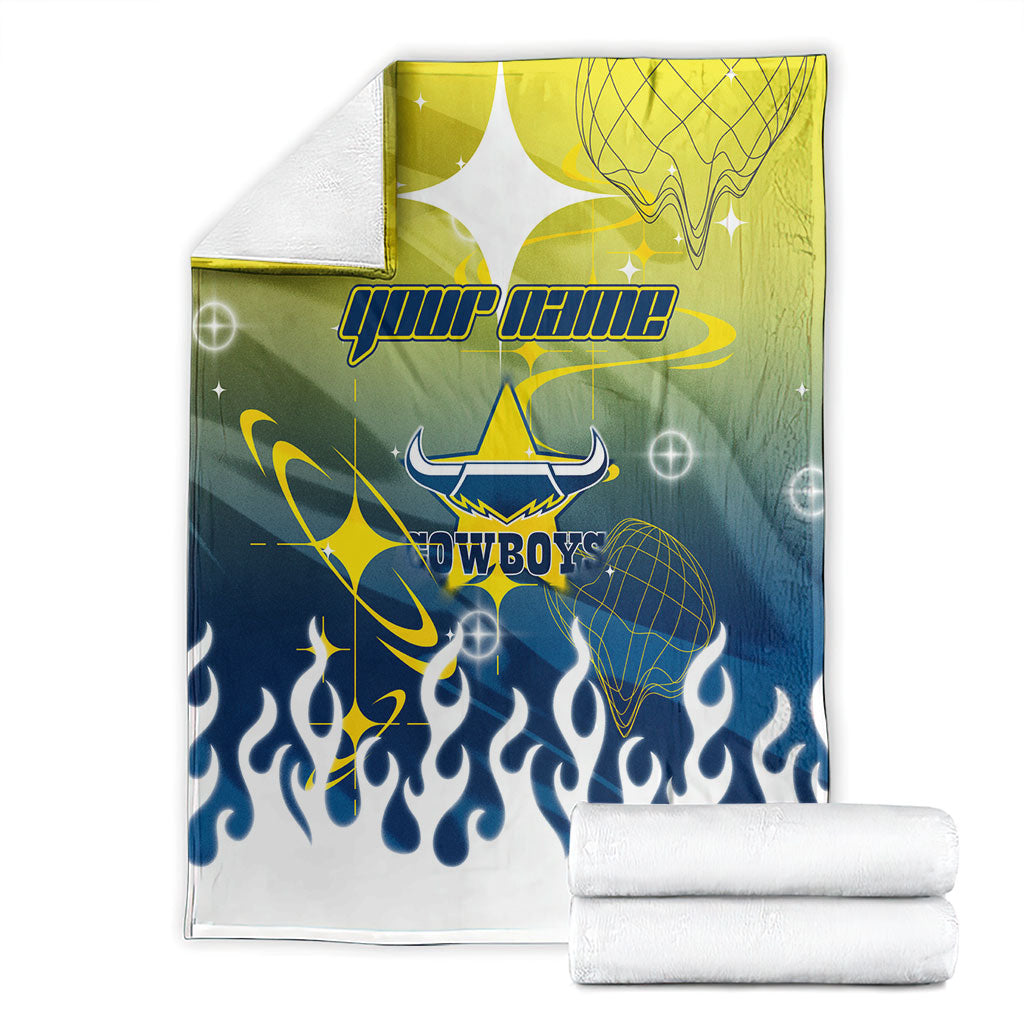 Personalized North Queensland Cowboys Blanket Y2K Grunge Aesthetic With Cyber Flames and Starburst Graphics