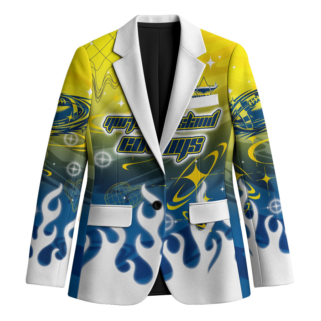 Personalized North Queensland Cowboys Blazer Y2K Grunge Aesthetic With Cyber Flames and Starburst Graphics
