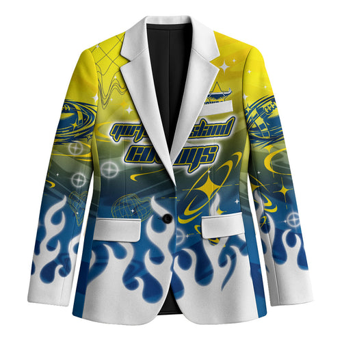 Personalized North Queensland Cowboys Blazer Y2K Grunge Aesthetic With Cyber Flames and Starburst Graphics