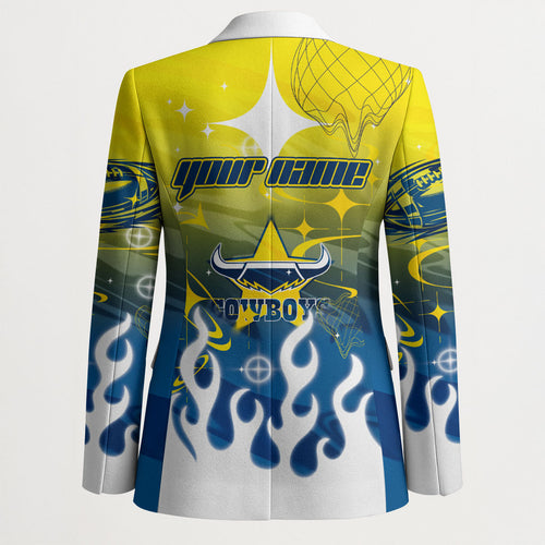 Personalized North Queensland Cowboys Blazer Y2K Grunge Aesthetic With Cyber Flames and Starburst Graphics
