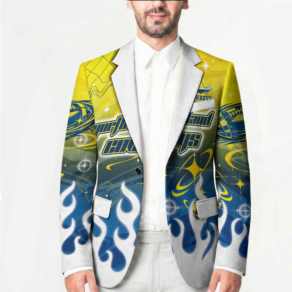 Personalized North Queensland Cowboys Blazer Y2K Grunge Aesthetic With Cyber Flames and Starburst Graphics