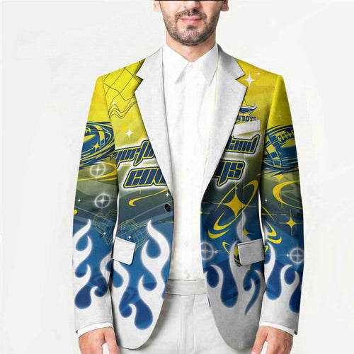 Personalized North Queensland Cowboys Blazer Y2K Grunge Aesthetic With Cyber Flames and Starburst Graphics