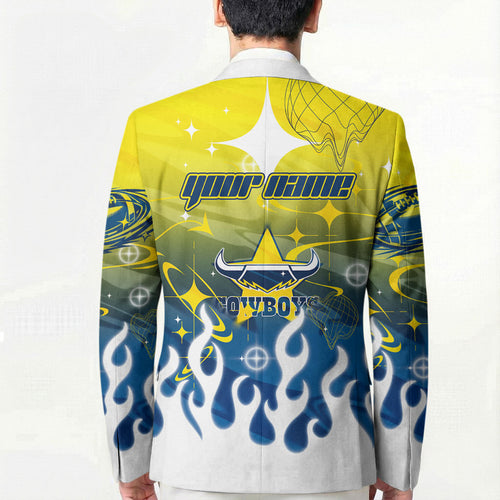 Personalized North Queensland Cowboys Blazer Y2K Grunge Aesthetic With Cyber Flames and Starburst Graphics