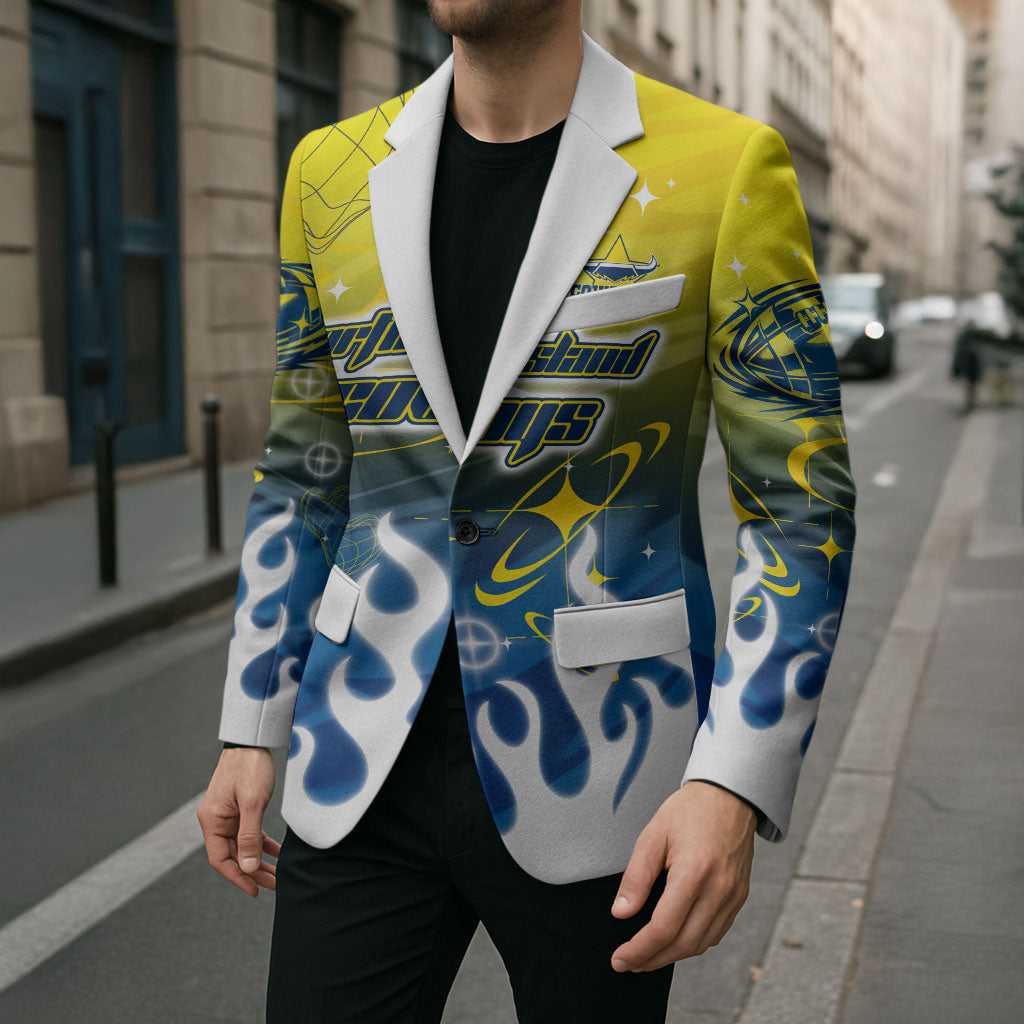 Personalized North Queensland Cowboys Blazer Y2K Grunge Aesthetic With Cyber Flames and Starburst Graphics
