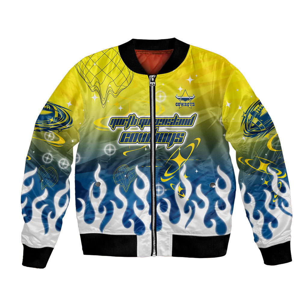 Personalized North Queensland Cowboys Bomber Jacket Y2K Grunge Aesthetic With Cyber Flames and Starburst Graphics