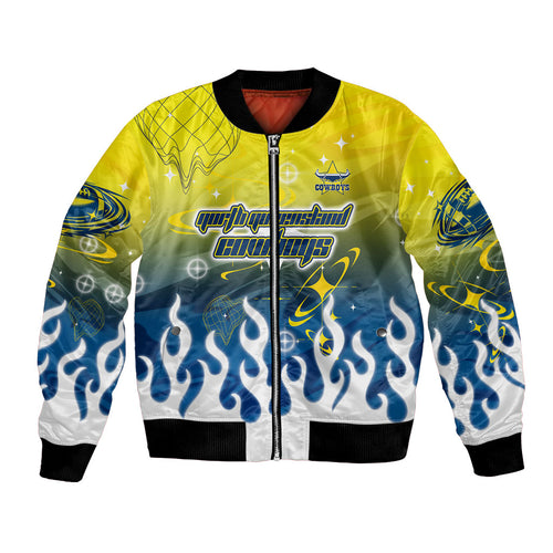 Personalized North Queensland Cowboys Bomber Jacket Y2K Grunge Aesthetic With Cyber Flames and Starburst Graphics