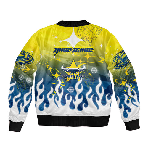 Personalized North Queensland Cowboys Bomber Jacket Y2K Grunge Aesthetic With Cyber Flames and Starburst Graphics