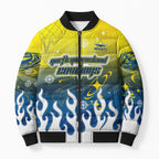 Personalized North Queensland Cowboys Bomber Puffer Jacket Y2K Grunge Aesthetic With Cyber Flames and Starburst Graphics
