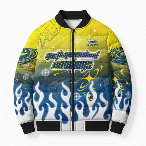 Personalized North Queensland Cowboys Bomber Puffer Jacket Y2K Grunge Aesthetic With Cyber Flames and Starburst Graphics