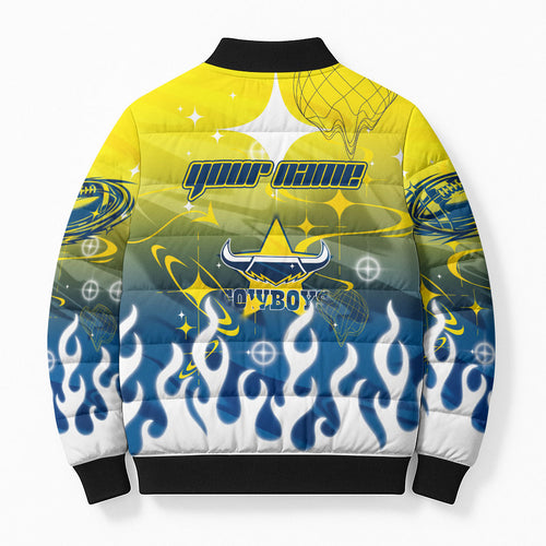 Personalized North Queensland Cowboys Bomber Puffer Jacket Y2K Grunge Aesthetic With Cyber Flames and Starburst Graphics