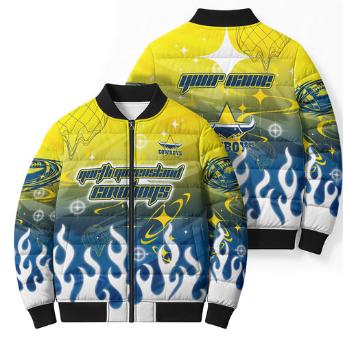 Personalized North Queensland Cowboys Bomber Puffer Jacket Y2K Grunge Aesthetic With Cyber Flames and Starburst Graphics