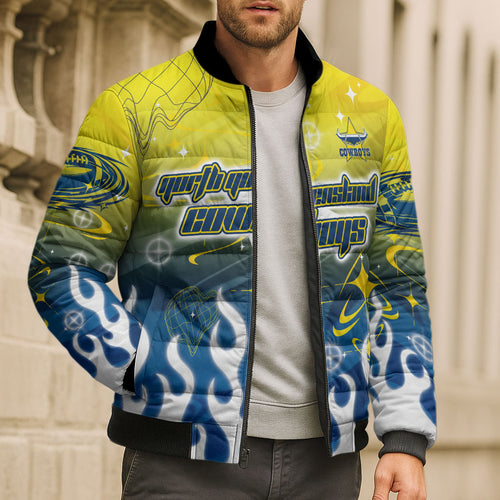 Personalized North Queensland Cowboys Bomber Puffer Jacket Y2K Grunge Aesthetic With Cyber Flames and Starburst Graphics