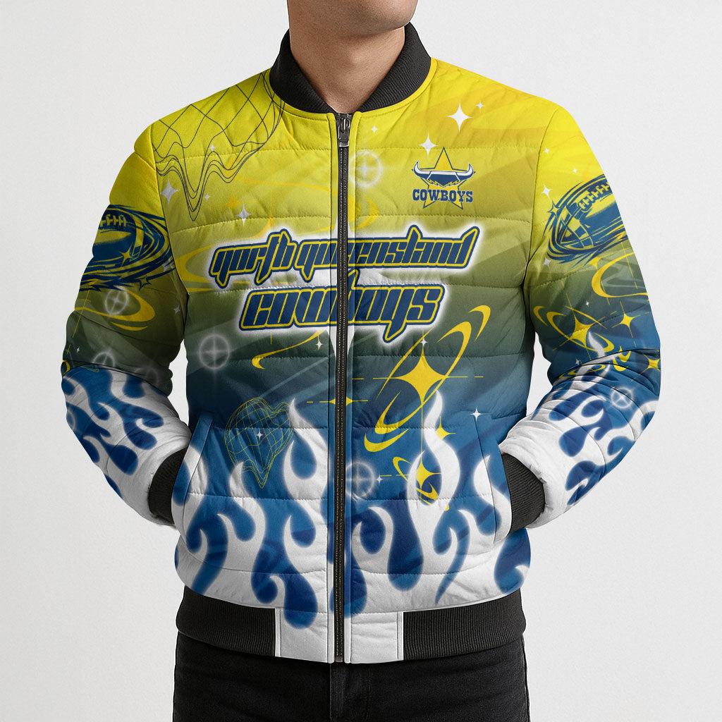 Personalized North Queensland Cowboys Bomber Puffer Jacket Y2K Grunge Aesthetic With Cyber Flames and Starburst Graphics
