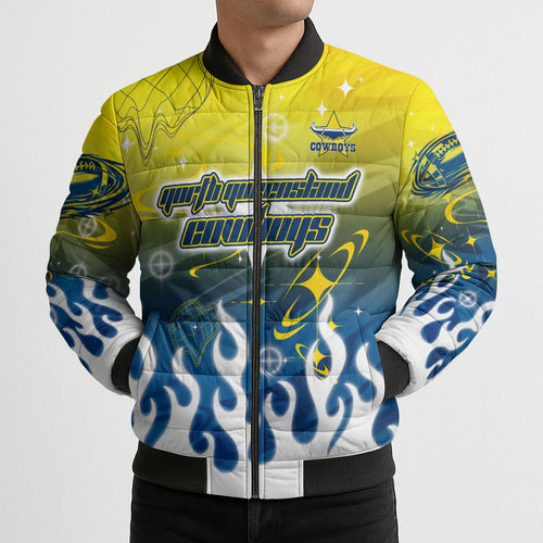 Personalized North Queensland Cowboys Bomber Puffer Jacket Y2K Grunge Aesthetic With Cyber Flames and Starburst Graphics