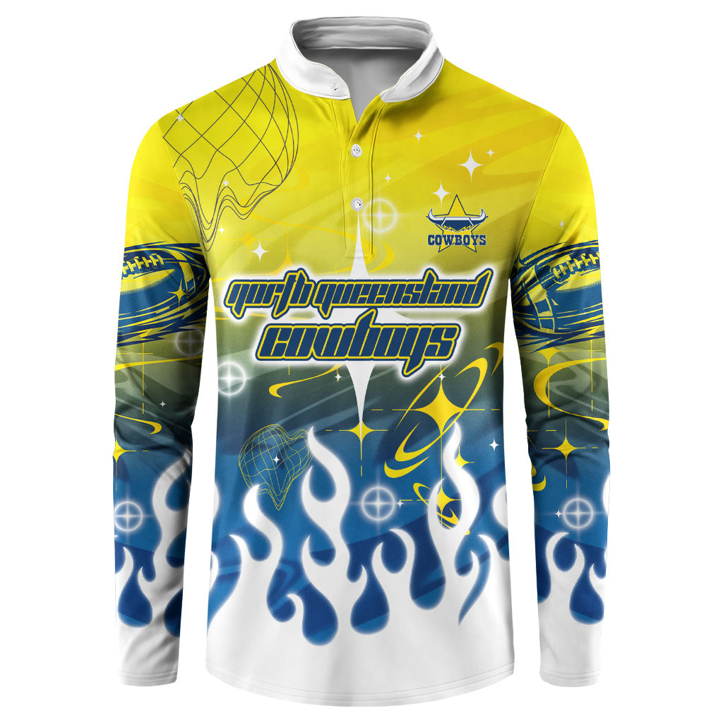 Personalized North Queensland Cowboys Button Sweatshirt Y2K Grunge Aesthetic With Cyber Flames and Starburst Graphics