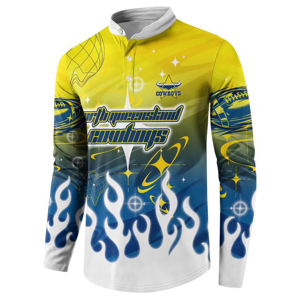 Personalized North Queensland Cowboys Button Sweatshirt Y2K Grunge Aesthetic With Cyber Flames and Starburst Graphics