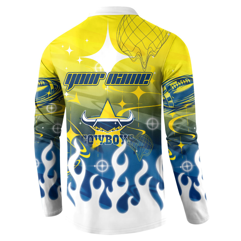 Personalized North Queensland Cowboys Button Sweatshirt Y2K Grunge Aesthetic With Cyber Flames and Starburst Graphics