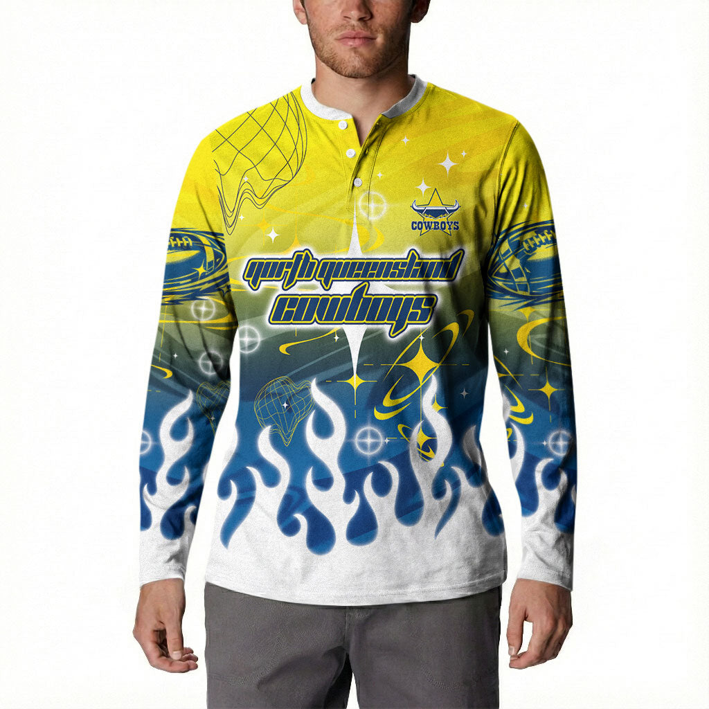Personalized North Queensland Cowboys Button Sweatshirt Y2K Grunge Aesthetic With Cyber Flames and Starburst Graphics