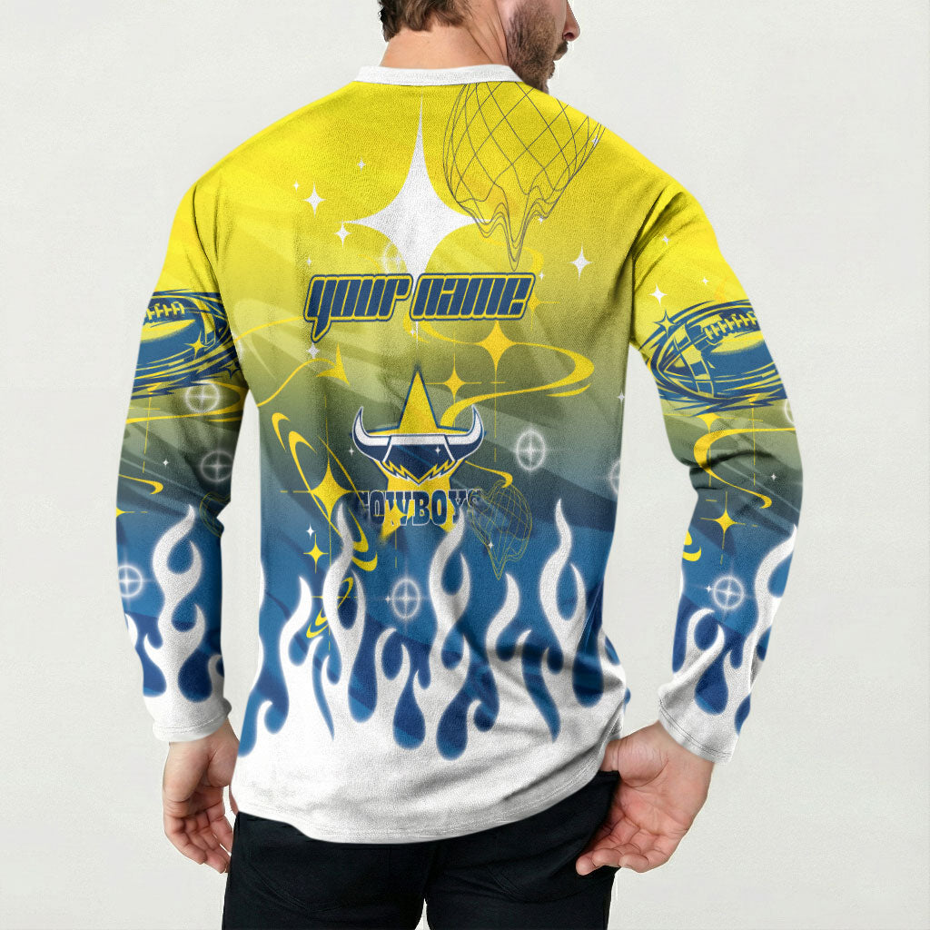 Personalized North Queensland Cowboys Button Sweatshirt Y2K Grunge Aesthetic With Cyber Flames and Starburst Graphics