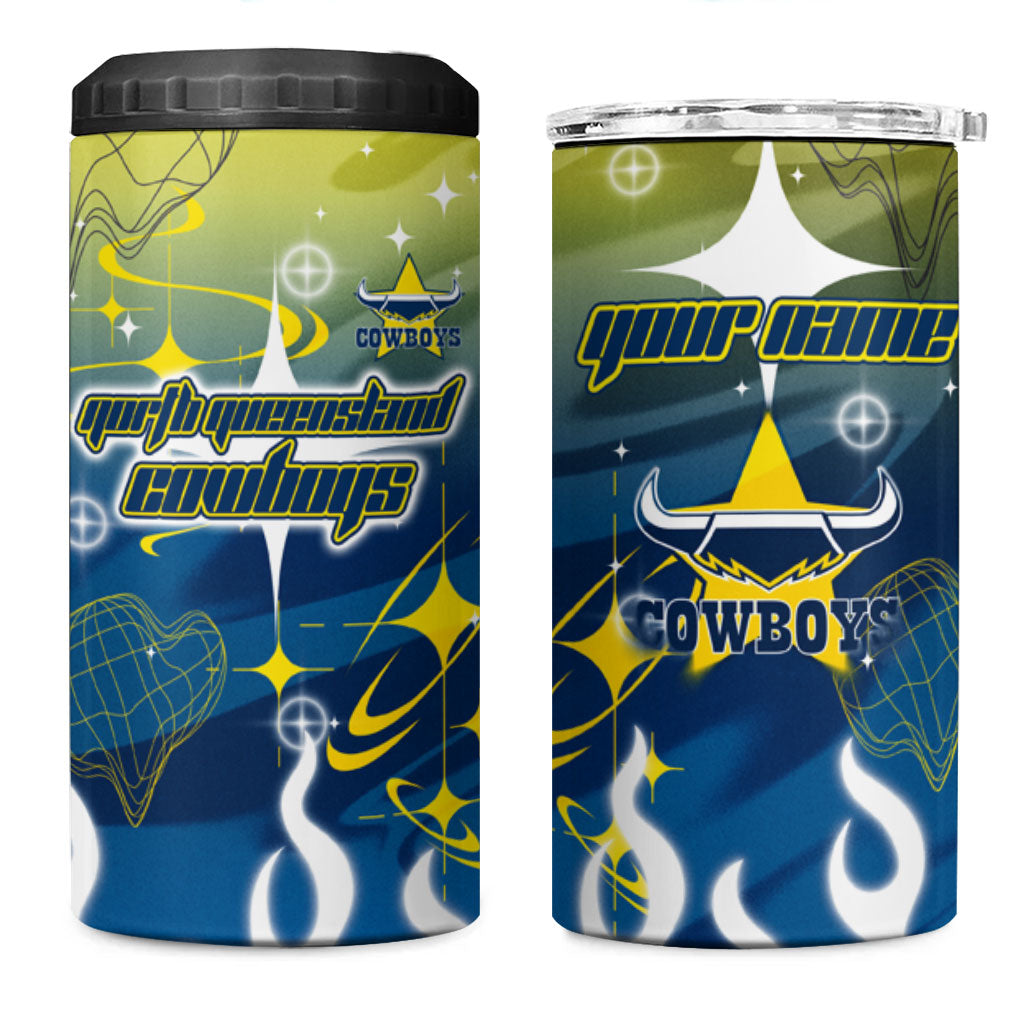 Personalized North Queensland Cowboys 4 in 1 Can Cooler Tumbler Y2K Grunge Aesthetic With Cyber Flames and Starburst Graphics