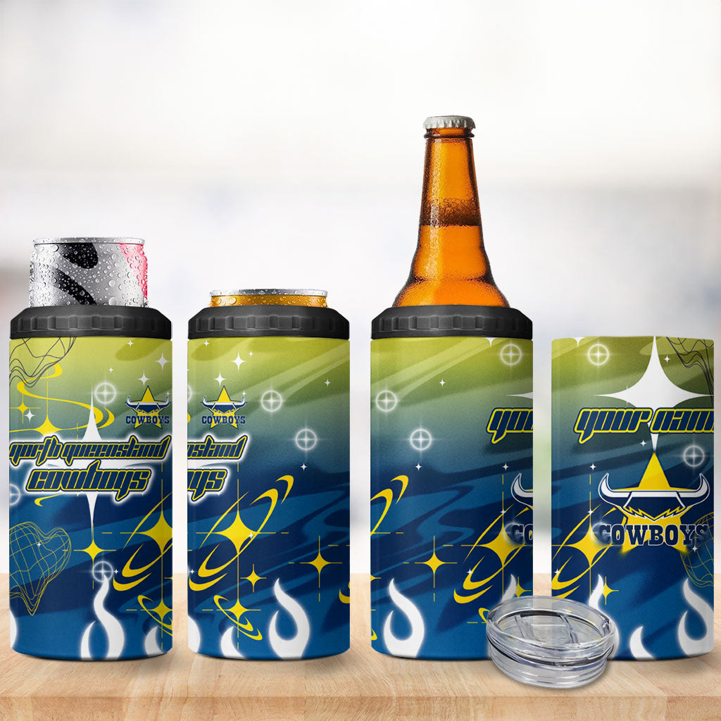 Personalized North Queensland Cowboys 4 in 1 Can Cooler Tumbler Y2K Grunge Aesthetic With Cyber Flames and Starburst Graphics