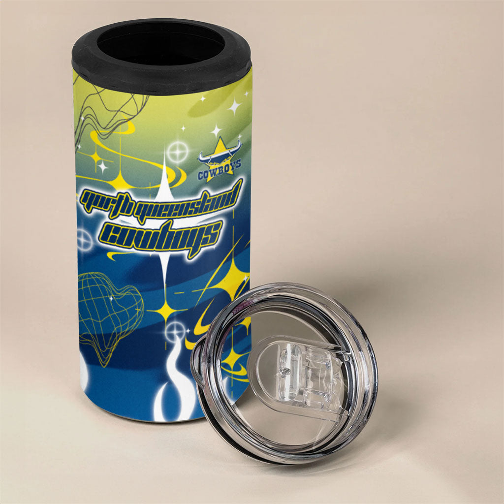 Personalized North Queensland Cowboys 4 in 1 Can Cooler Tumbler Y2K Grunge Aesthetic With Cyber Flames and Starburst Graphics