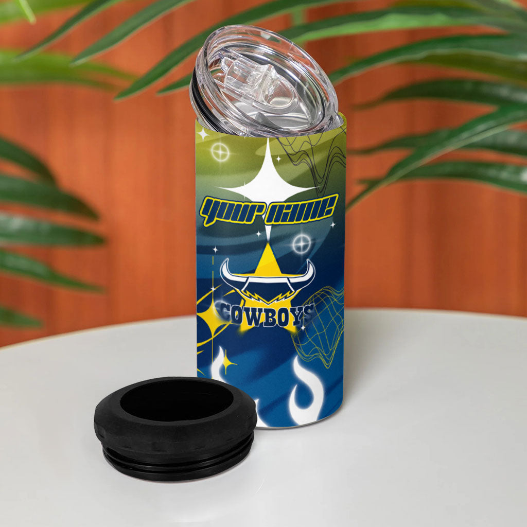 Personalized North Queensland Cowboys 4 in 1 Can Cooler Tumbler Y2K Grunge Aesthetic With Cyber Flames and Starburst Graphics