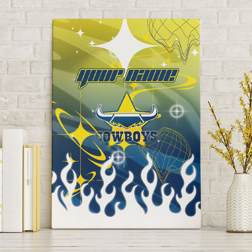 Personalized North Queensland Cowboys Canvas Wall Art Y2K Grunge Aesthetic With Cyber Flames and Starburst Graphics