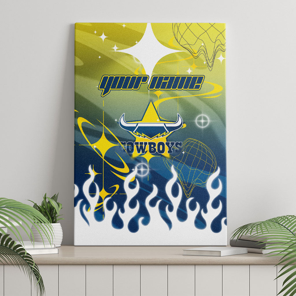 Personalized North Queensland Cowboys Canvas Wall Art Y2K Grunge Aesthetic With Cyber Flames and Starburst Graphics
