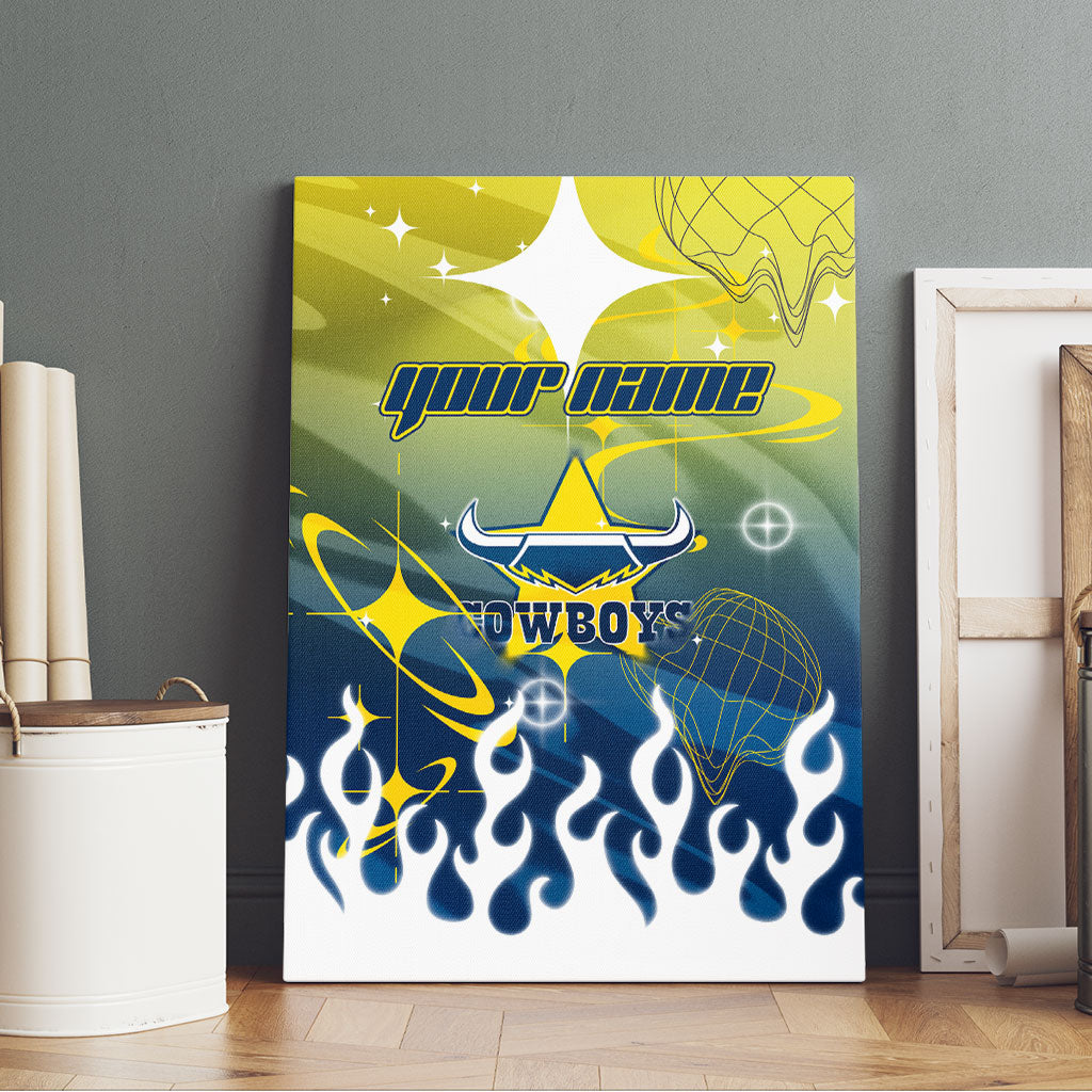 Personalized North Queensland Cowboys Canvas Wall Art Y2K Grunge Aesthetic With Cyber Flames and Starburst Graphics