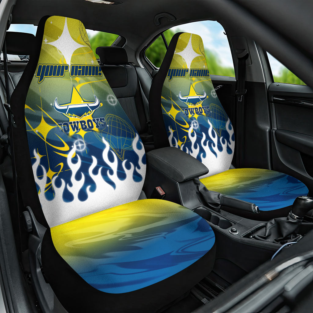 Personalized North Queensland Cowboys Car Seat Cover Y2K Grunge Aesthetic With Cyber Flames and Starburst Graphics