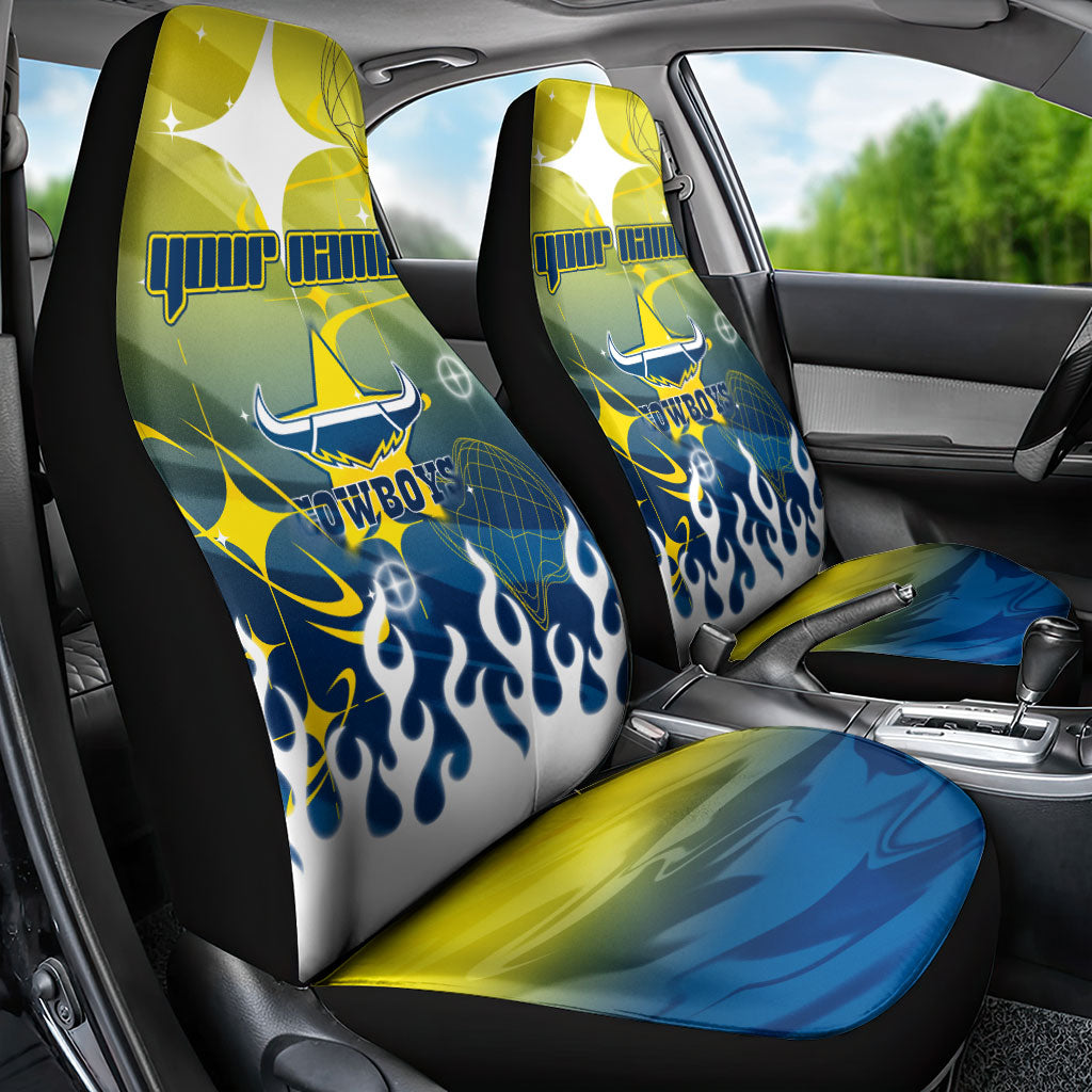 Personalized North Queensland Cowboys Car Seat Cover Y2K Grunge Aesthetic With Cyber Flames and Starburst Graphics