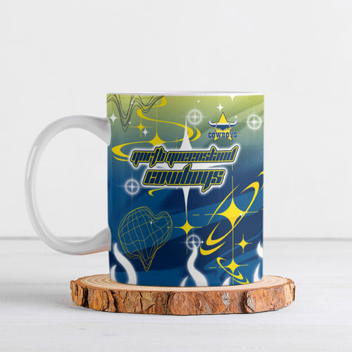 Personalized North Queensland Cowboys Ceramic Mug Y2K Grunge Aesthetic With Cyber Flames and Starburst Graphics