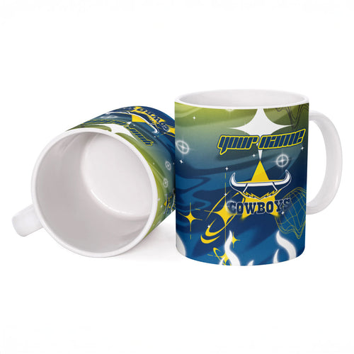 Personalized North Queensland Cowboys Ceramic Mug Y2K Grunge Aesthetic With Cyber Flames and Starburst Graphics
