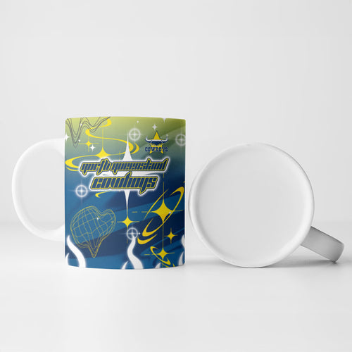 Personalized North Queensland Cowboys Ceramic Mug Y2K Grunge Aesthetic With Cyber Flames and Starburst Graphics
