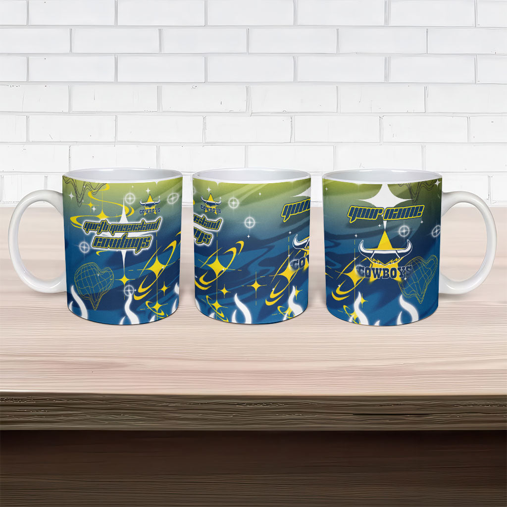 Personalized North Queensland Cowboys Ceramic Mug Y2K Grunge Aesthetic With Cyber Flames and Starburst Graphics