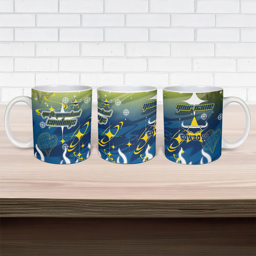 Personalized North Queensland Cowboys Ceramic Mug Y2K Grunge Aesthetic With Cyber Flames and Starburst Graphics