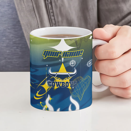 Personalized North Queensland Cowboys Ceramic Mug Y2K Grunge Aesthetic With Cyber Flames and Starburst Graphics