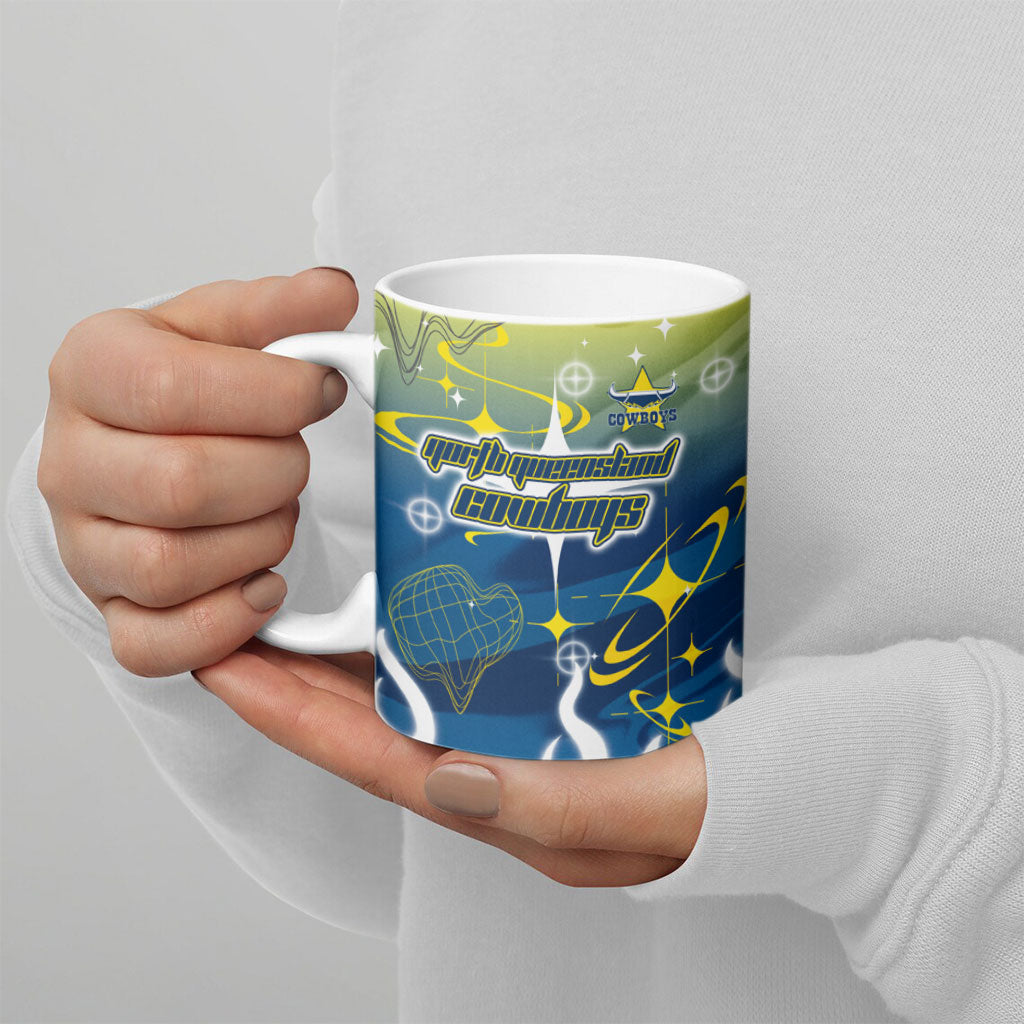 Personalized North Queensland Cowboys Ceramic Mug Y2K Grunge Aesthetic With Cyber Flames and Starburst Graphics