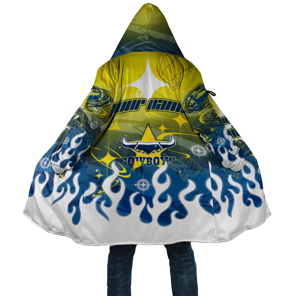 Personalized North Queensland Cowboys Cloak Y2K Grunge Aesthetic With Cyber Flames and Starburst Graphics
