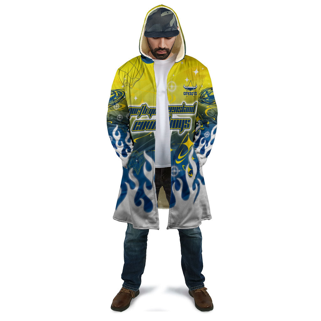 Personalized North Queensland Cowboys Cloak Y2K Grunge Aesthetic With Cyber Flames and Starburst Graphics
